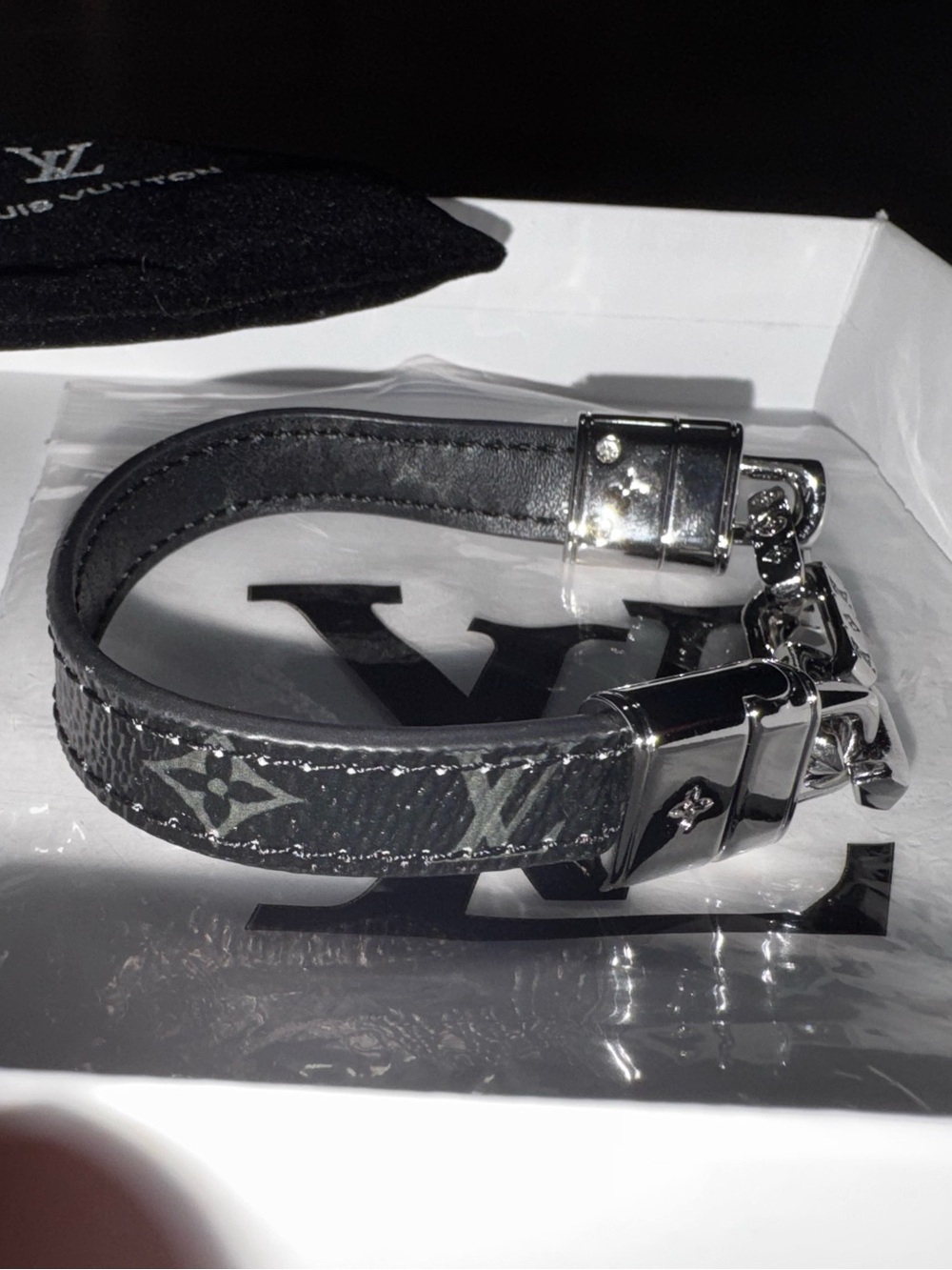 LV Half Black Leather Monogram & Half Silver Monogram Chain Bracelet